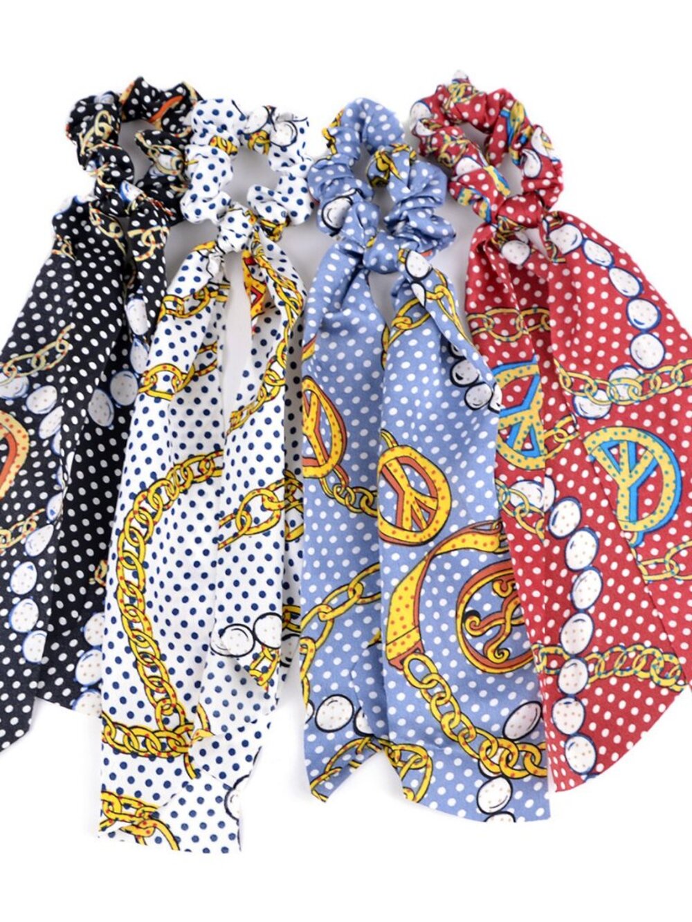 4 Sets Peace Signs Print Scrunchies With Matching Hair Ties Satiny Fabric